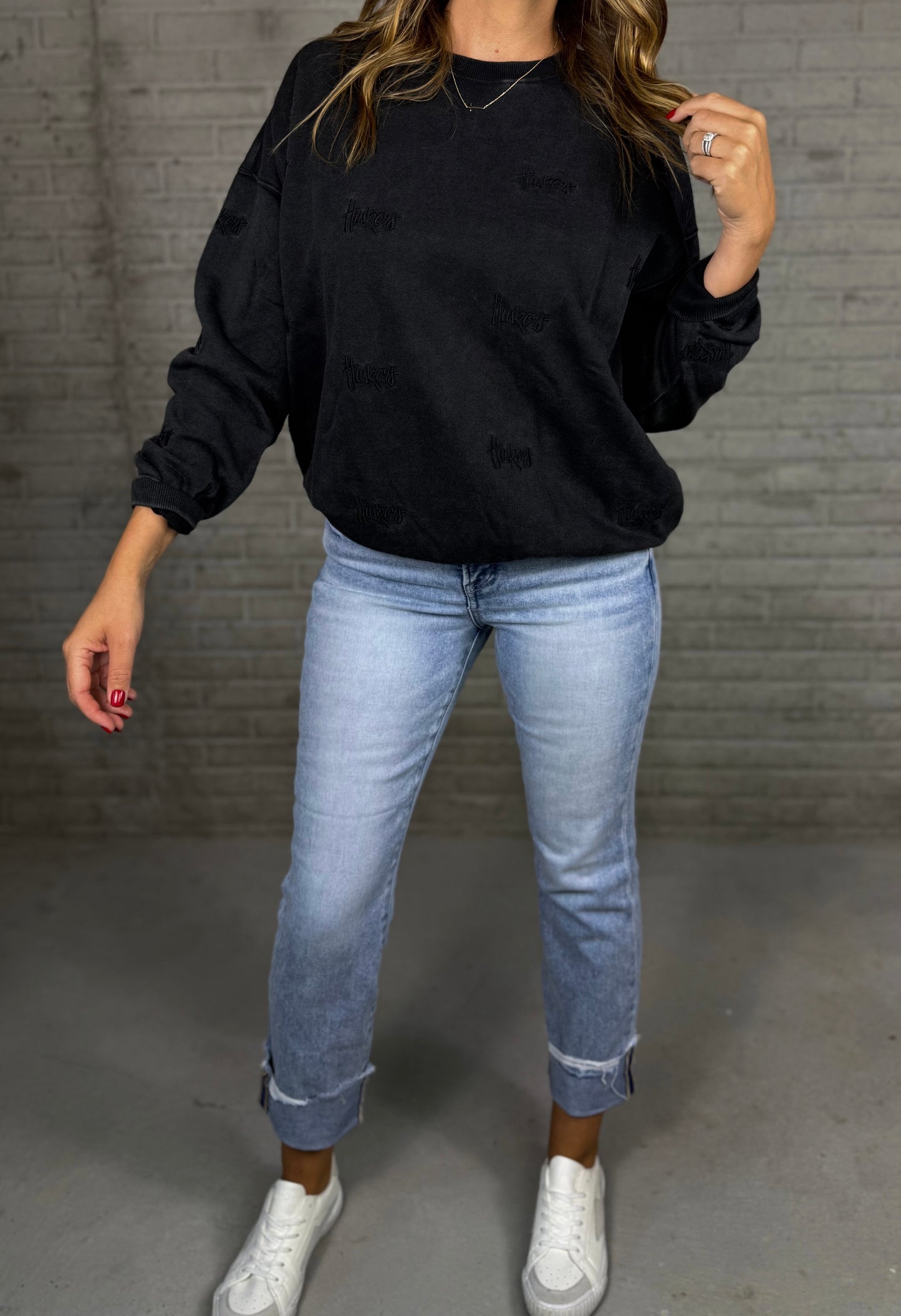 Huskers Repeat Black Embroidered Sweatshirt