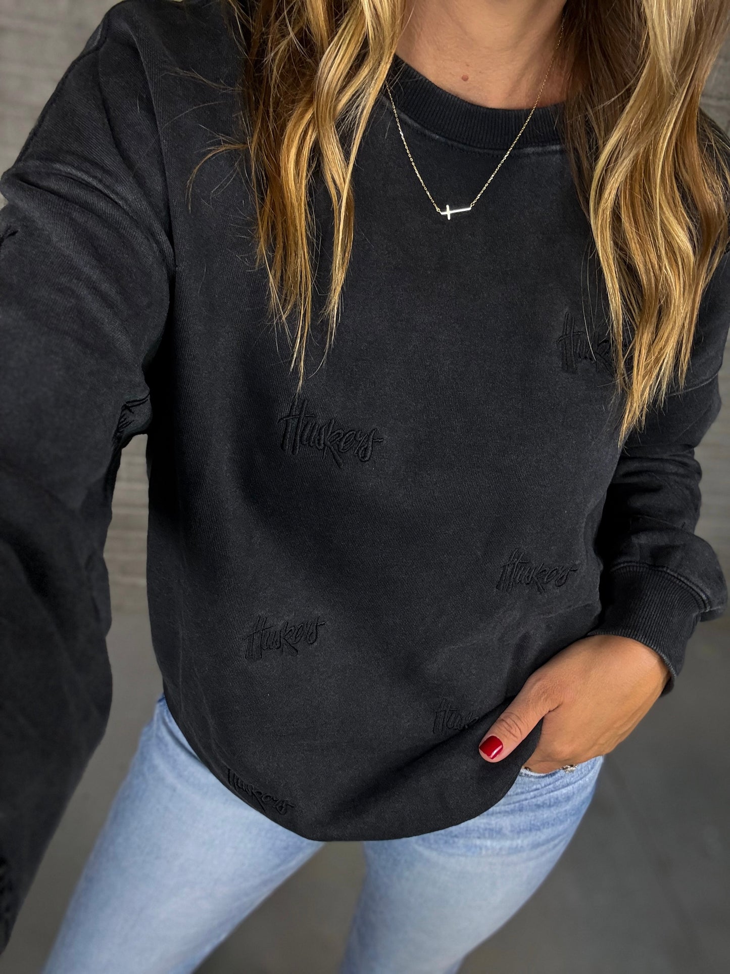 Huskers Repeat Black Embroidered Sweatshirt