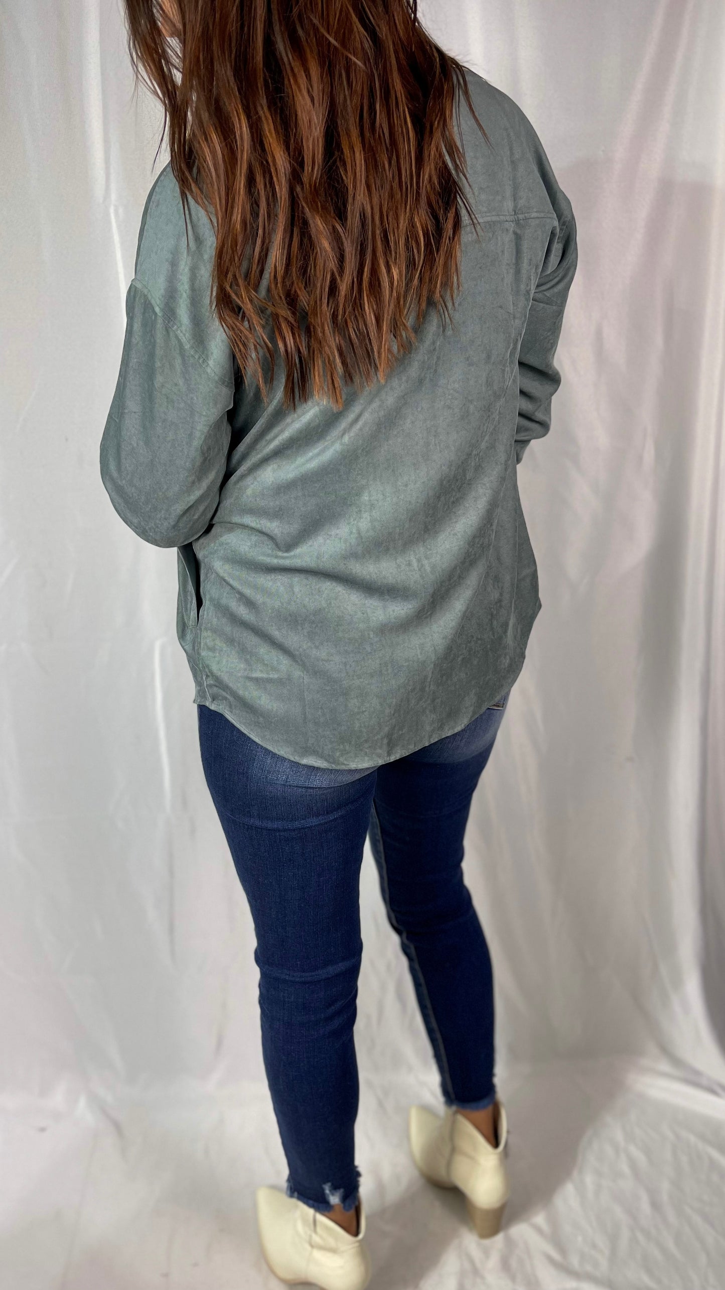 Make Me Smile Spruce Faux Suede Shacket