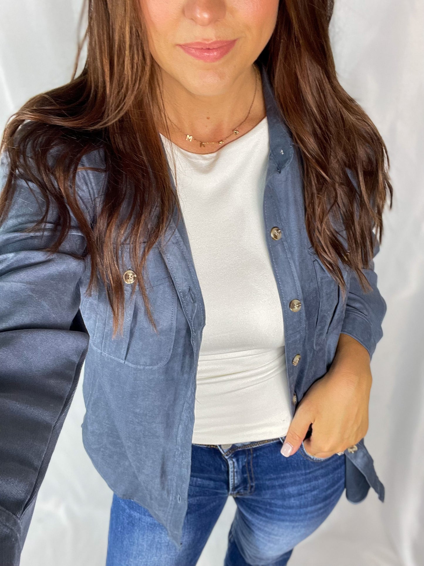 Make Me Smile Slate Blue Faux Suede Shacket