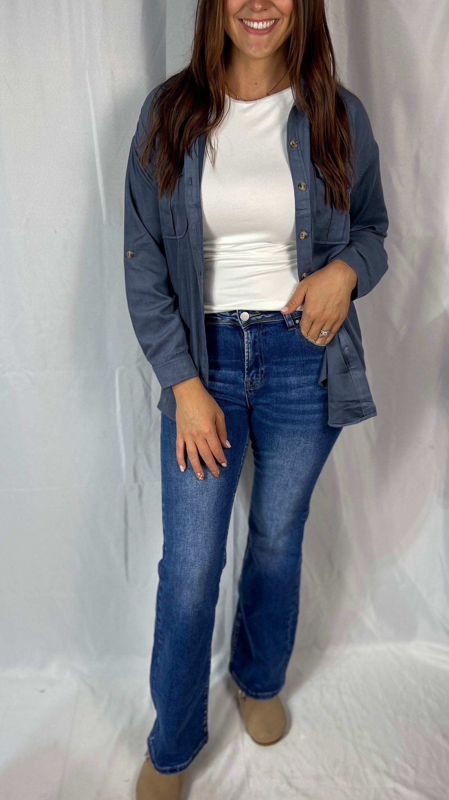 Make Me Smile Slate Blue Faux Suede Shacket