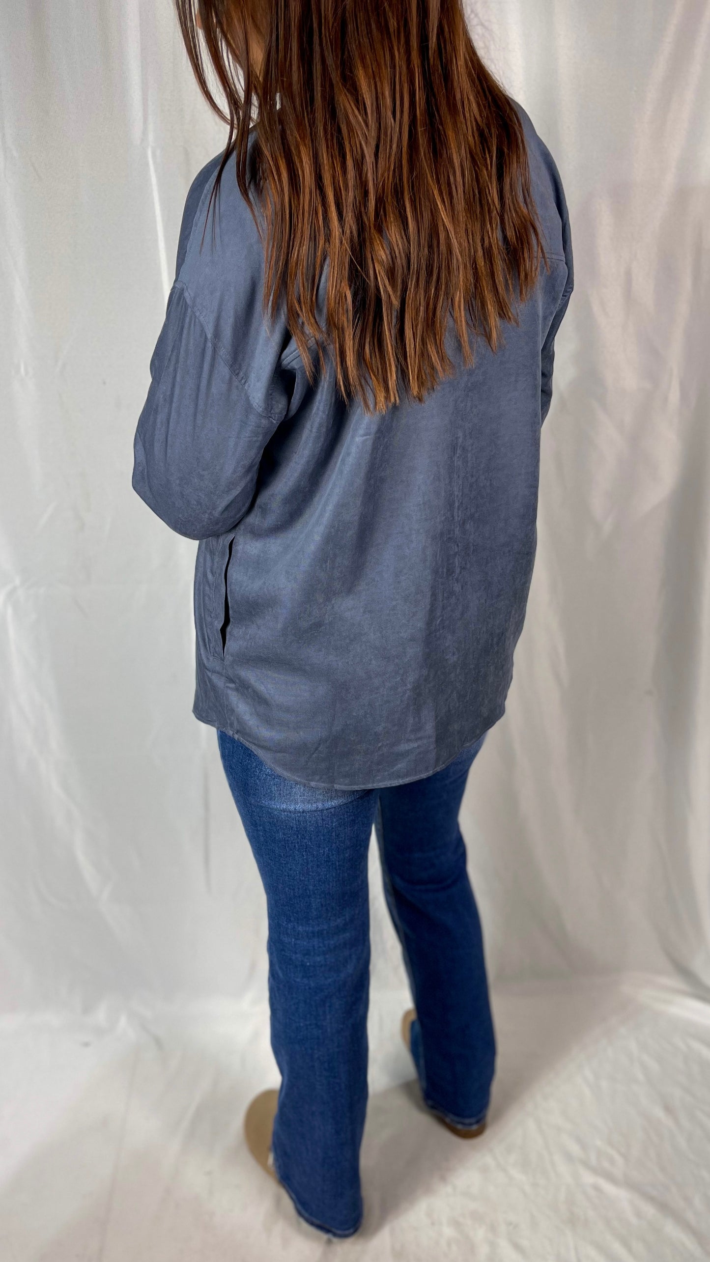 Make Me Smile Slate Blue Faux Suede Shacket