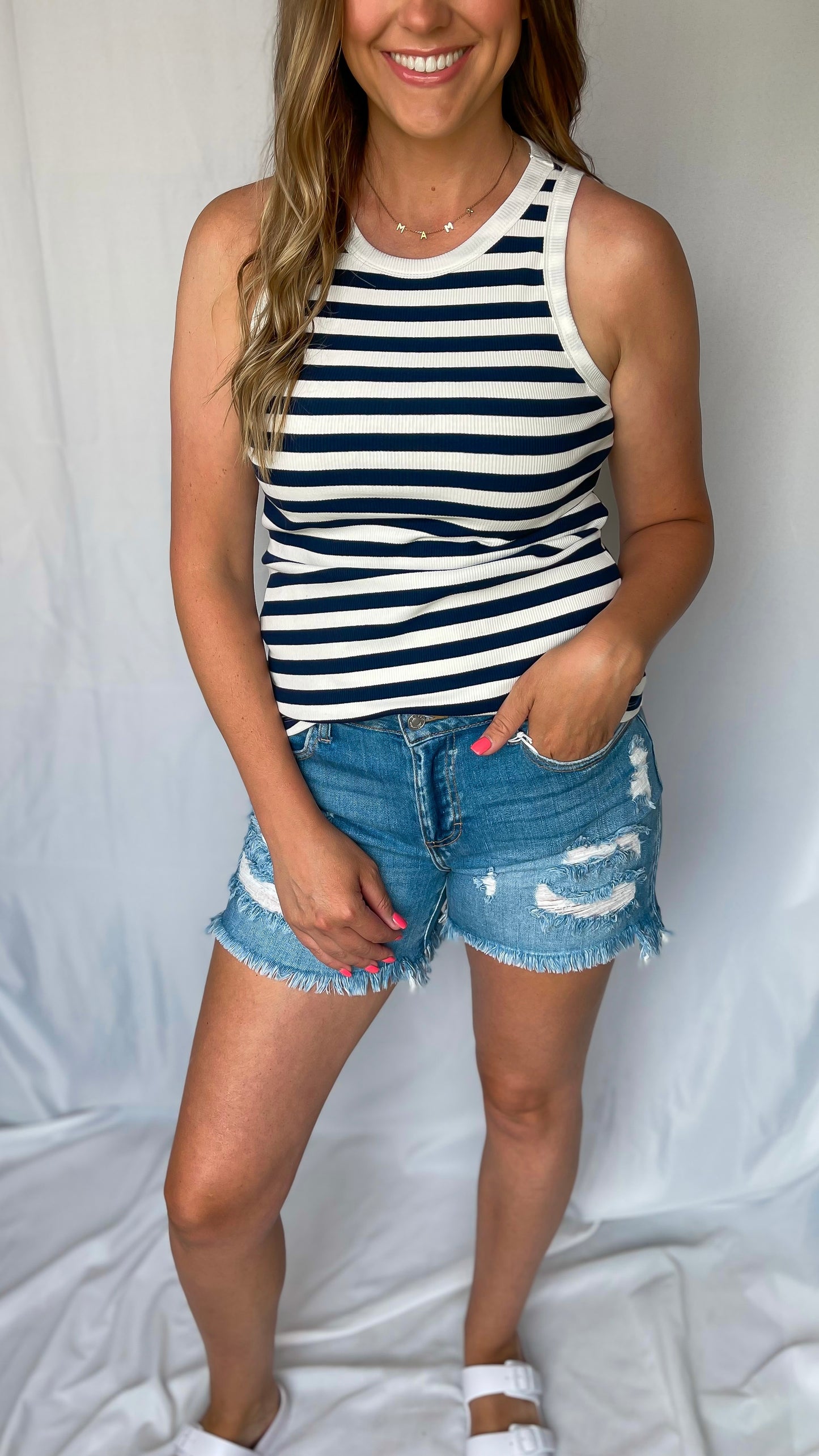 Fabulous And Free Navy & White Tank