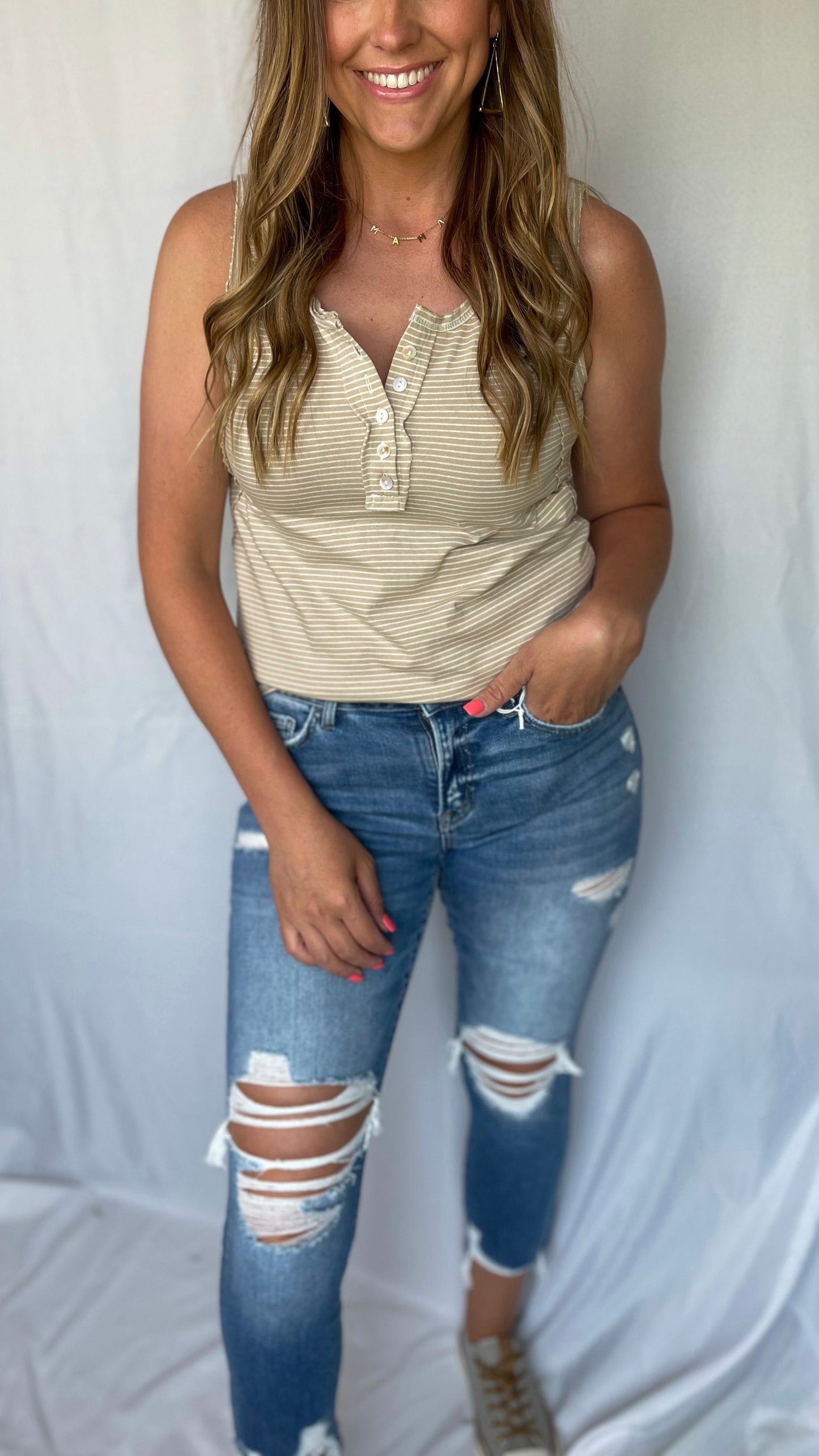 Cottonwoods Taupe Pin Stripe Tank