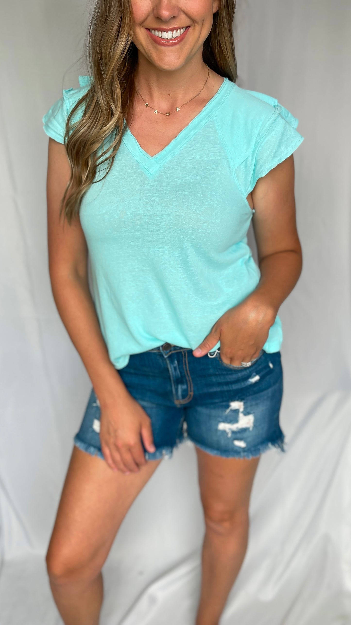 Back To The Basics Aqua Flutter Sleeve Top