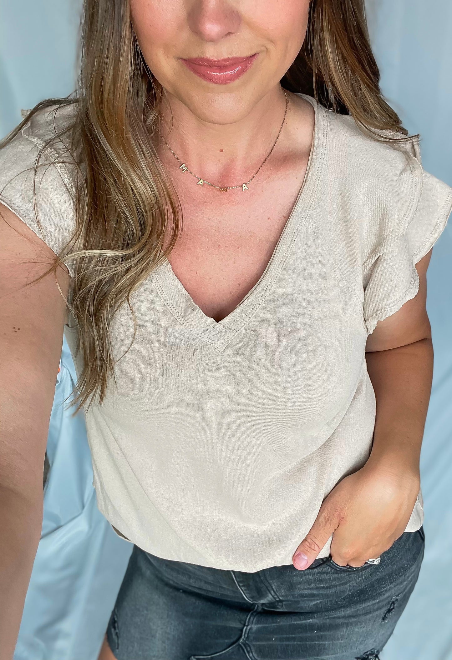 Back To The Basics Taupe Flutter Sleeve Top