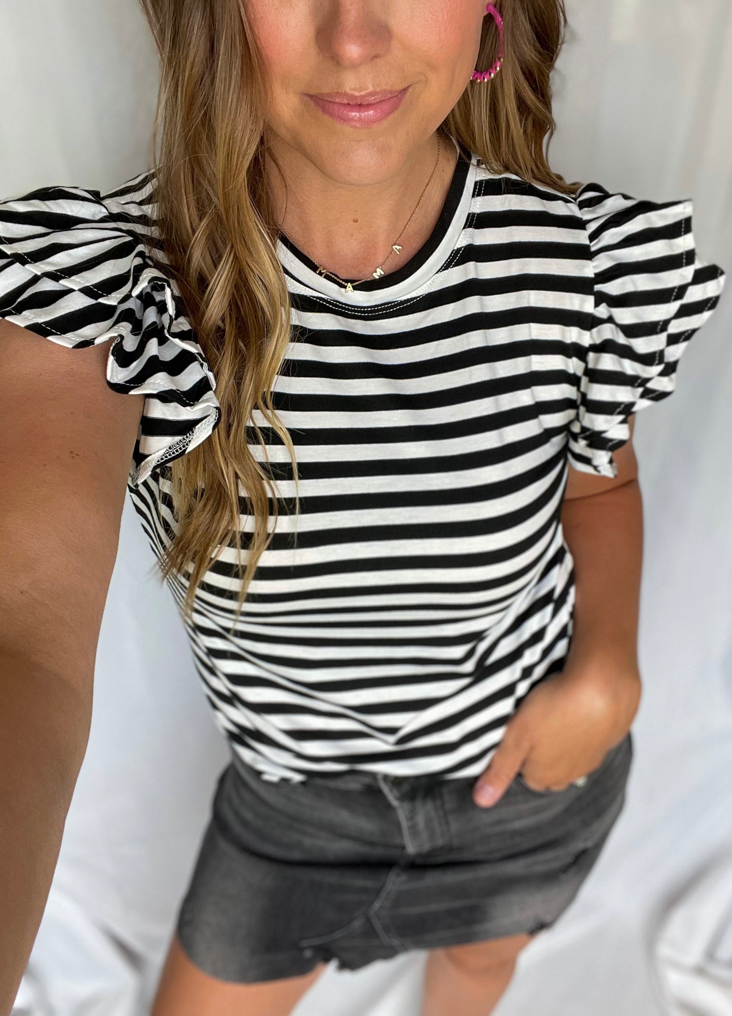 A Good Feeling White/Black Ruffle Sleeve Blouse