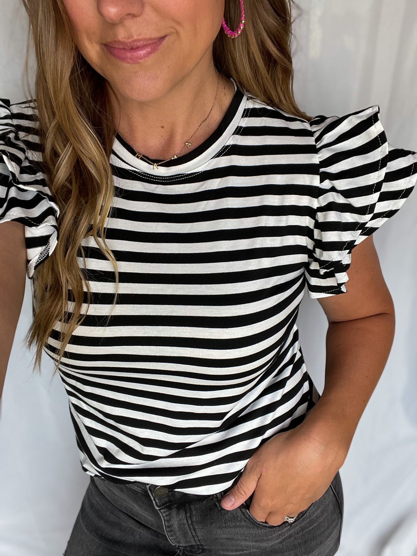 A Good Feeling White/Black Ruffle Sleeve Blouse