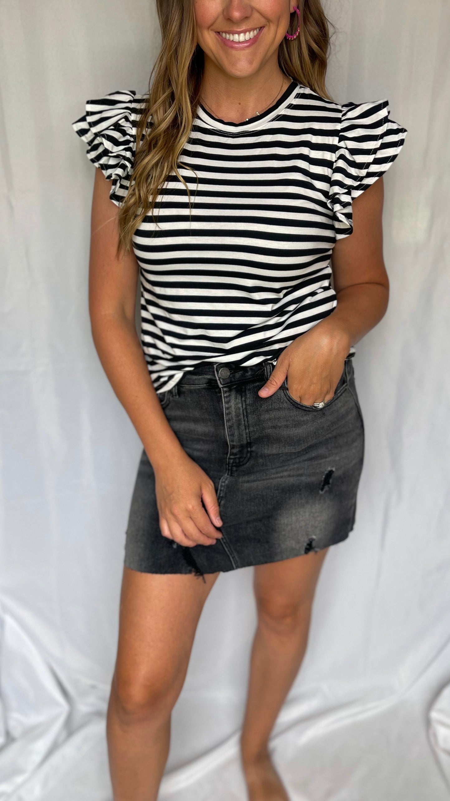 A Good Feeling White/Black Ruffle Sleeve Blouse