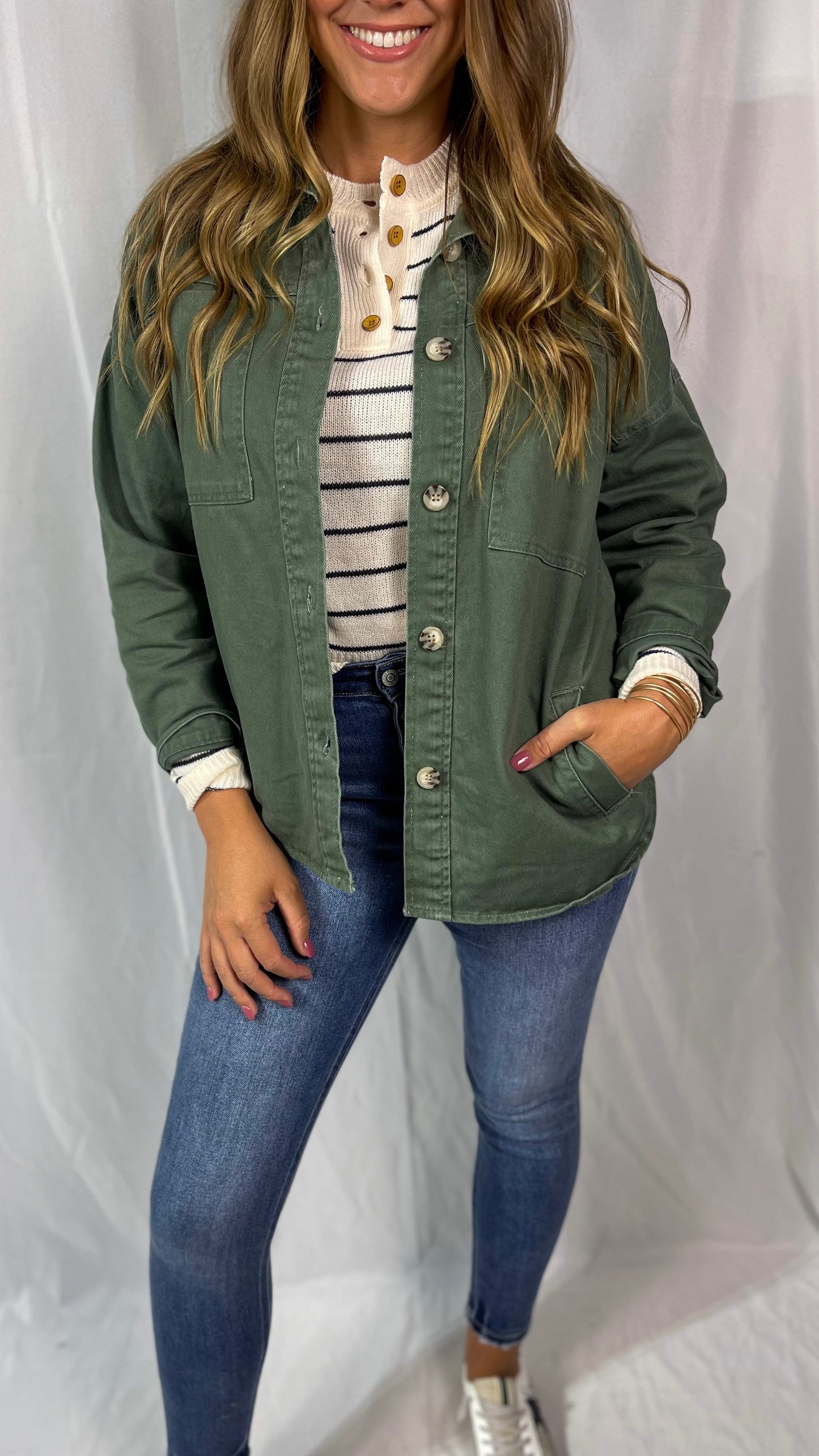 Winding Autumn Roads Olive Denim Jacket