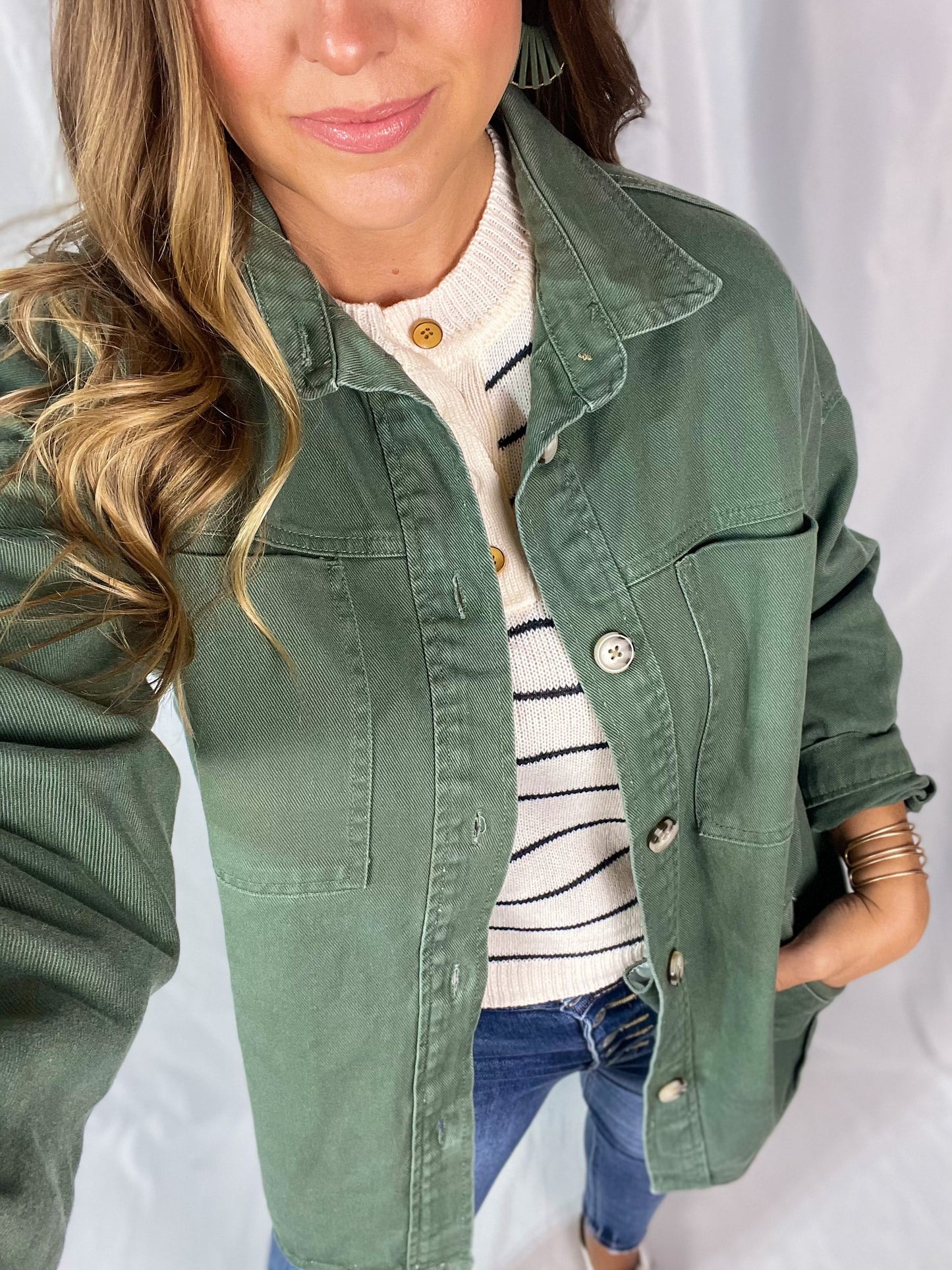 Winding Autumn Roads Olive Denim Jacket