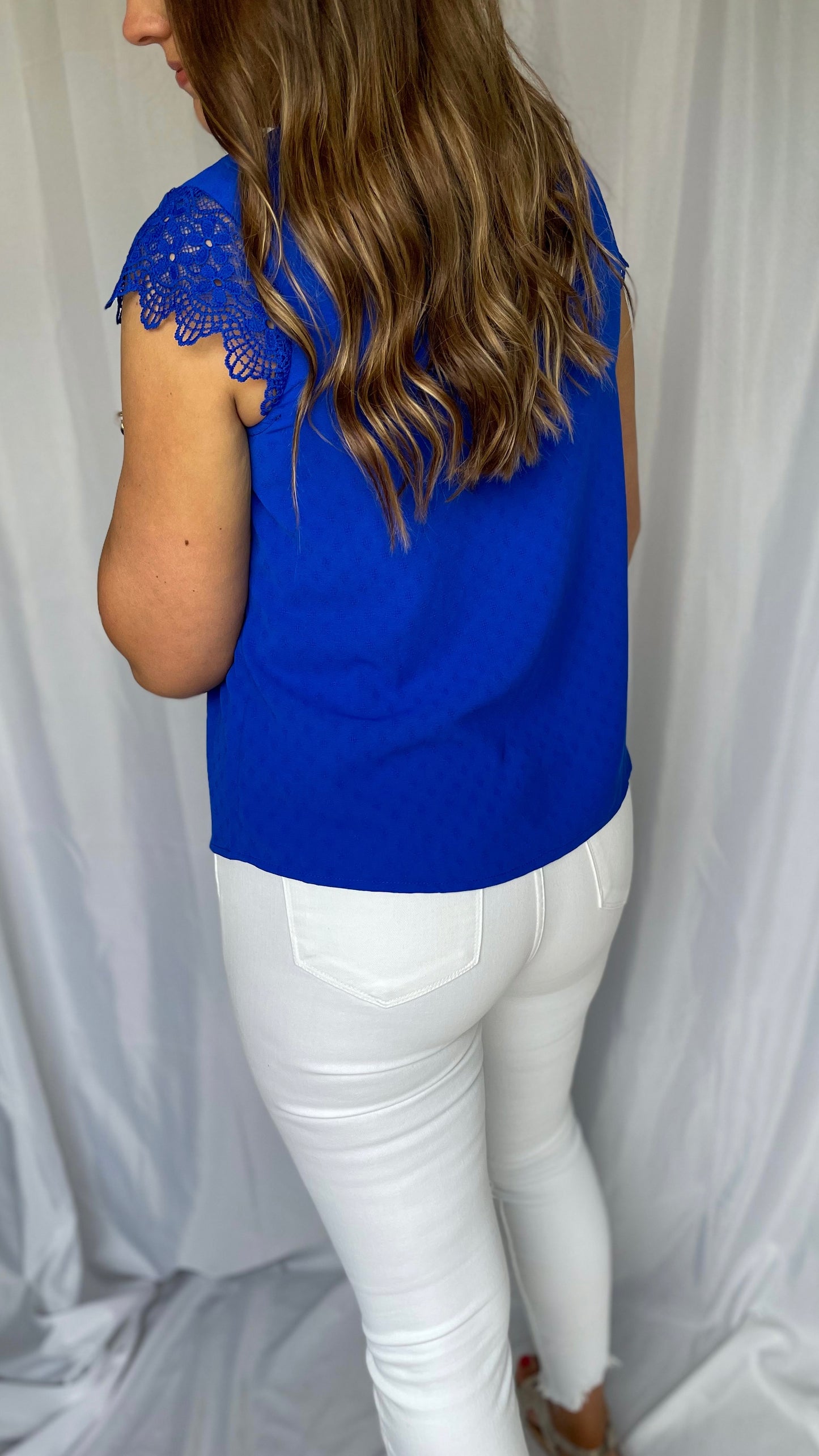 Found Our Way Royal Blue Lace Sleeve Top
