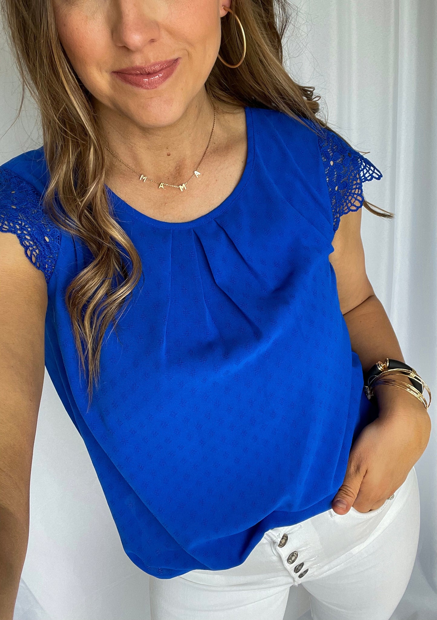 Found Our Way Royal Blue Lace Sleeve Top