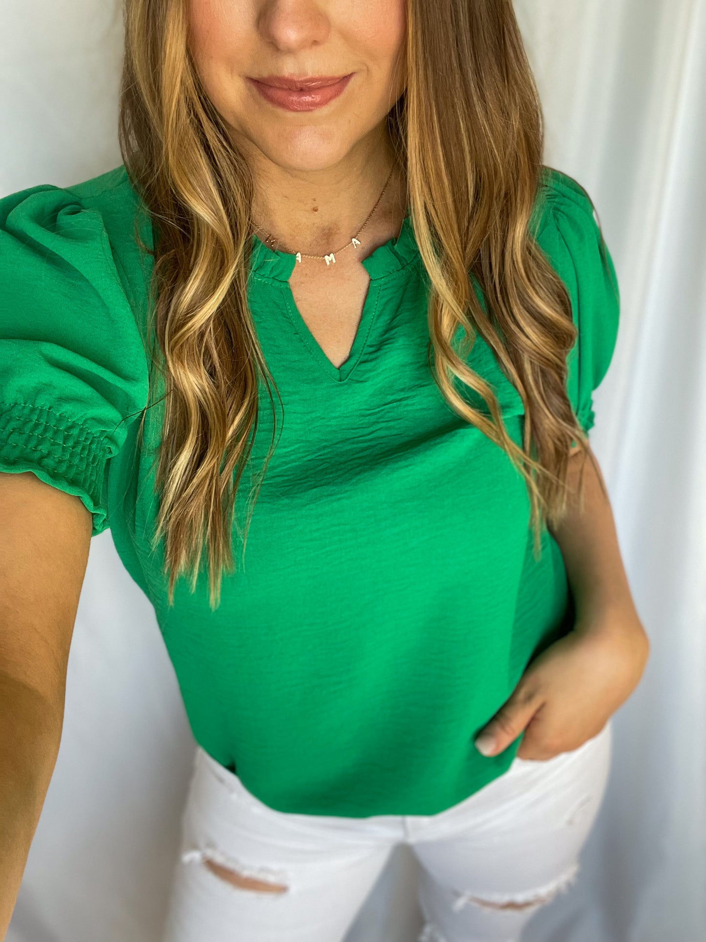 Repeating Sound Green Smocked Sleeve Blouse