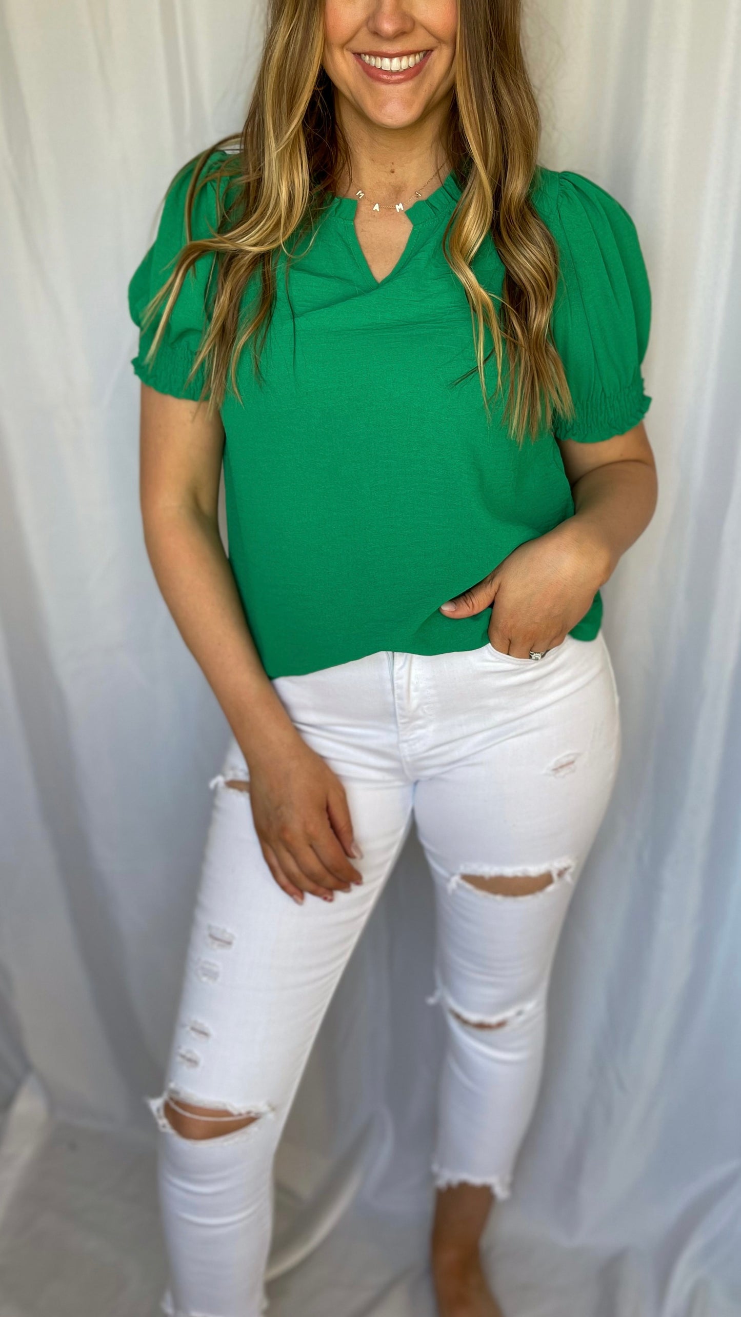 Repeating Sound Green Smocked Sleeve Blouse