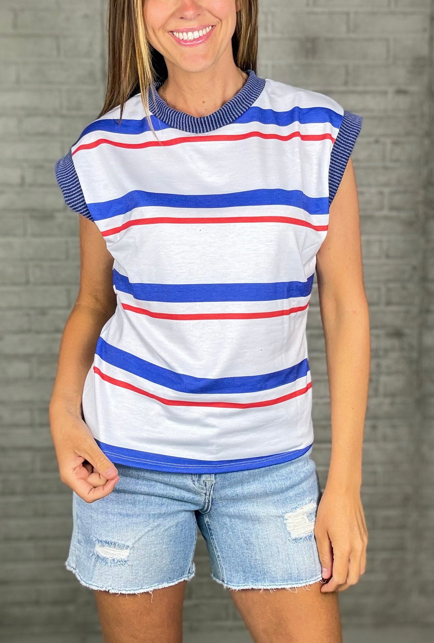 Drop Shoulder Blue & Ivory Tank