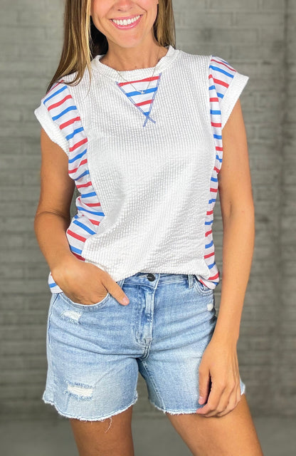 Red Ivory & Blue Knit Top