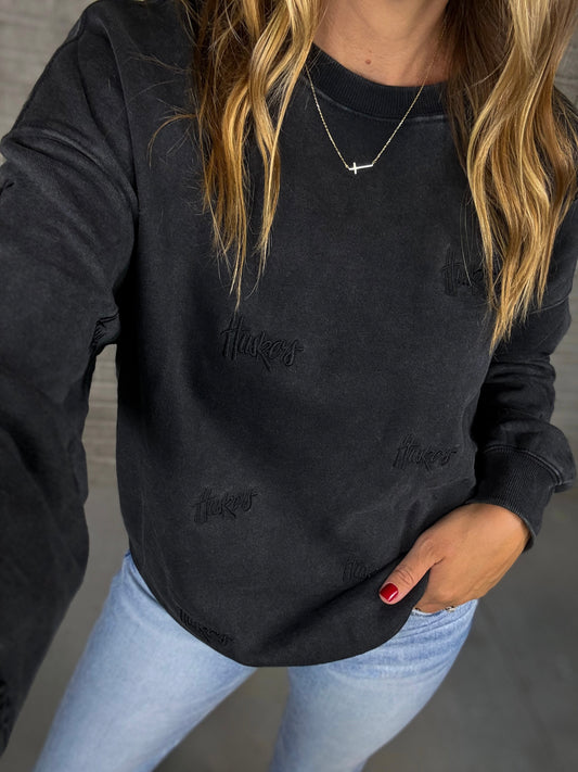 Huskers Repeat Black Embroidered Sweatshirt