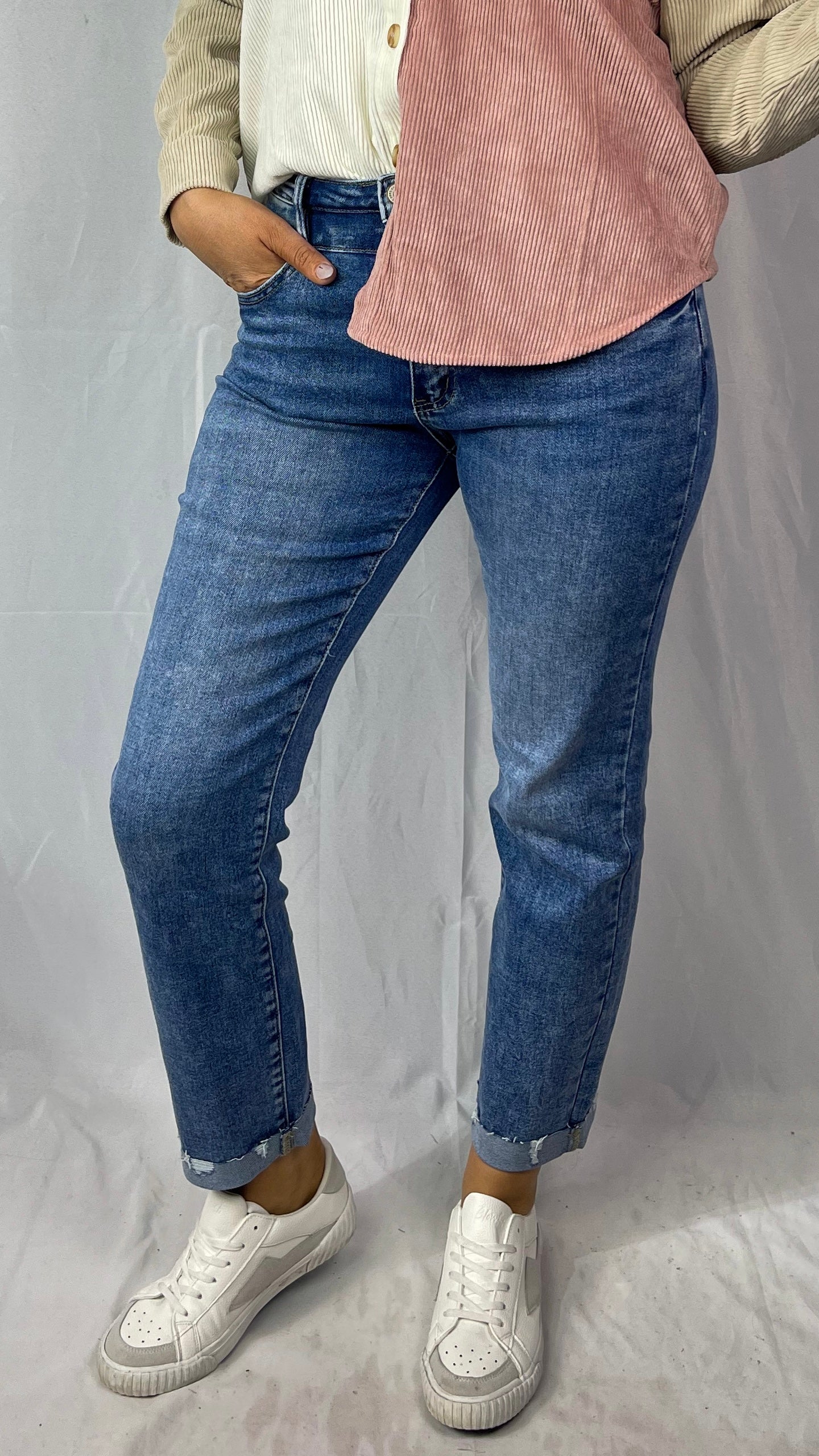 High Rise Slim Straight Medium Wash Denim