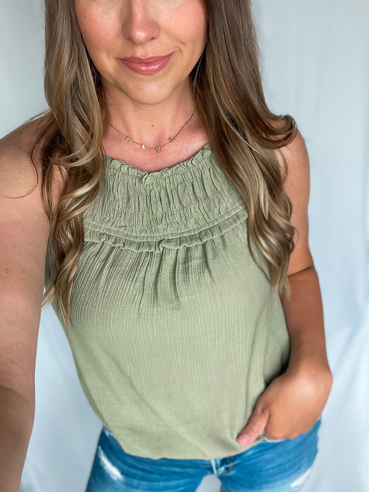 Cruising Through Olive Halter Tank