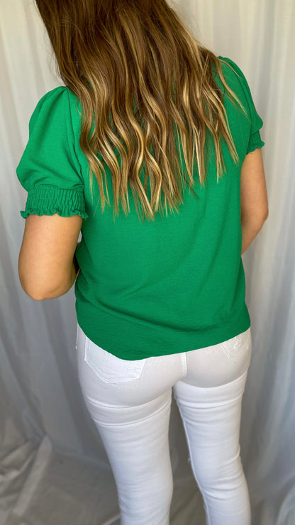 Repeating Sound Green Smocked Sleeve Blouse