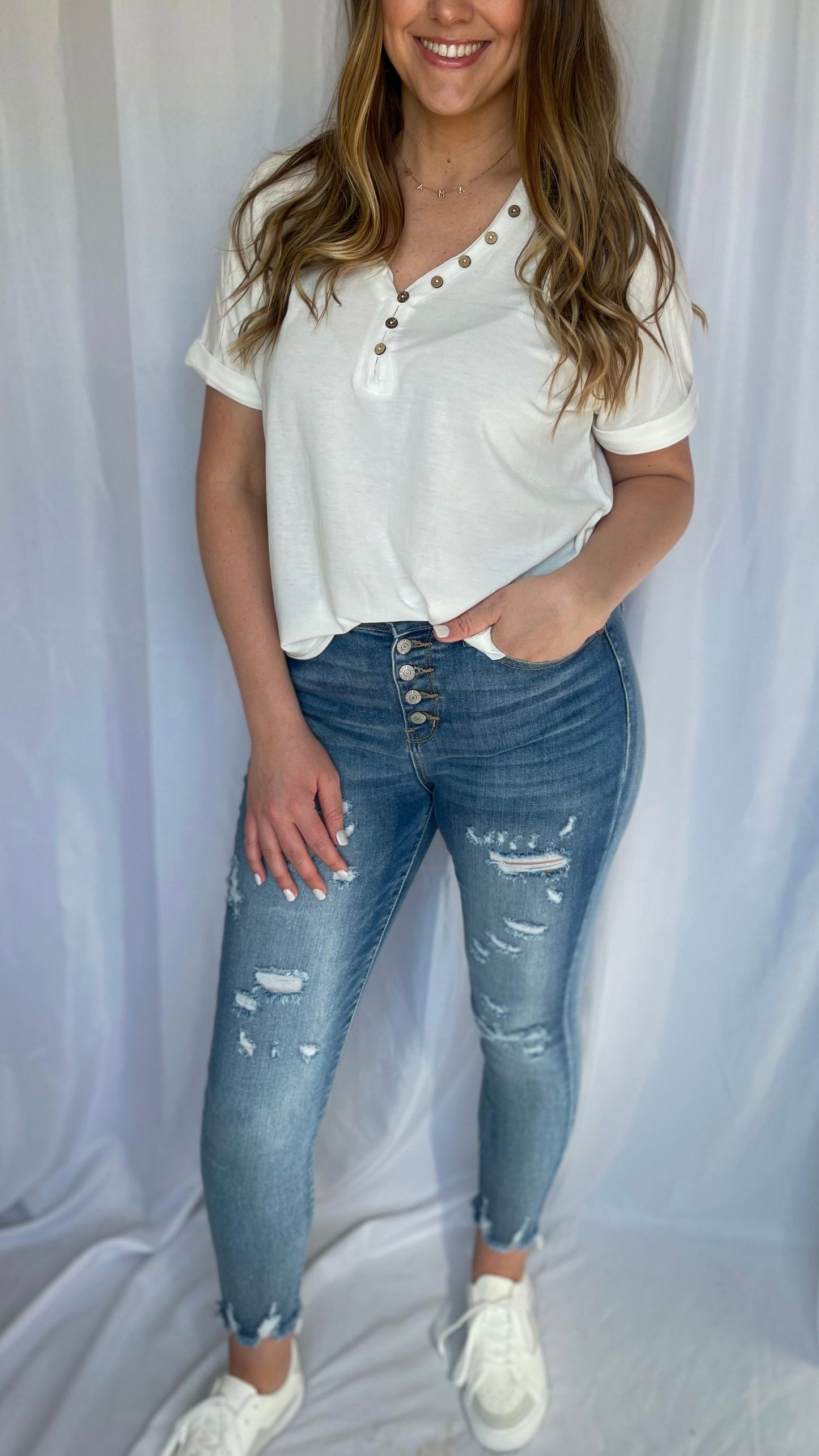 On The Move White Button Down Tee